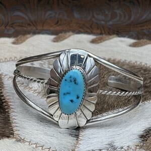 Native American Sterling Silver Turquoise Concho Style Cuff Bracelet Signed TT